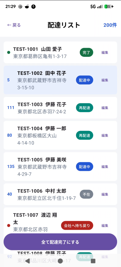 配達リスト画面。配達先ごとに完了・配達中・再配達・不在のステータスが一覧表示される